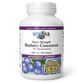 BlueRich de Natural Factors: botella con cápsulas blandas para apoyo antioxidante diario.