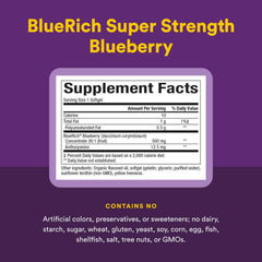 BlueRich de Natural Factors: etiqueta con certificación y pruebas de pureza.