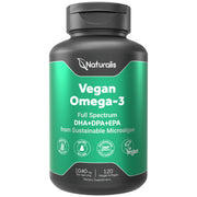 Naturalis Vegan Omega-3 full-spectrum bottle shows algae-based DHA, EPA, and DPA for overall wellness.