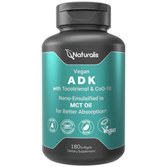 Naturalis bottle pour showing ADKE with CoQ-10 for easy daily use
