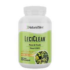 NaturalSlim soy lecithin granules in a bottle for daily emulsification.