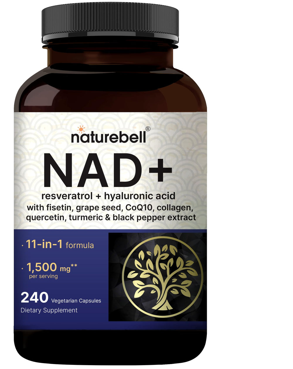 NatureBell NAD+ Complex bottle front showing a premium NMN supplement for daily energy support.