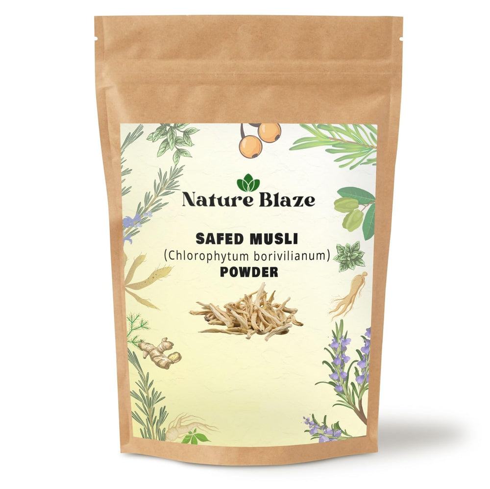 Nature Blaze Pure Safed Musli Powder bottle – premium packaging for daily wellness routines.