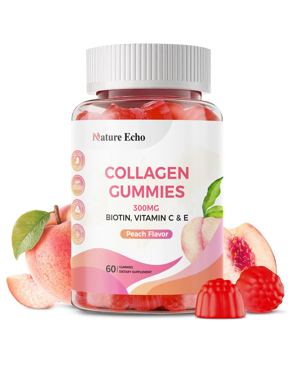 Nature Echo Collagen Gummies peach bottle for daily beauty support in a sugar-free formula.
