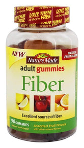 Nature Made Adult Gummies Fiber Assorted Fruit bottle pouring for convenient daily fiber.