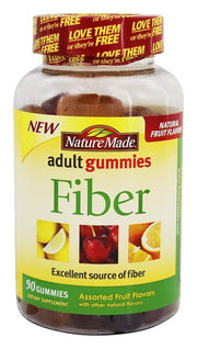 Nature Made Adult Gummies Fiber Assorted Fruit bottle pouring for convenient daily fiber.
