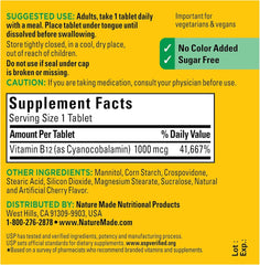 Nature Made B-12 ingredients label emphasizes pure, additive-free composition.