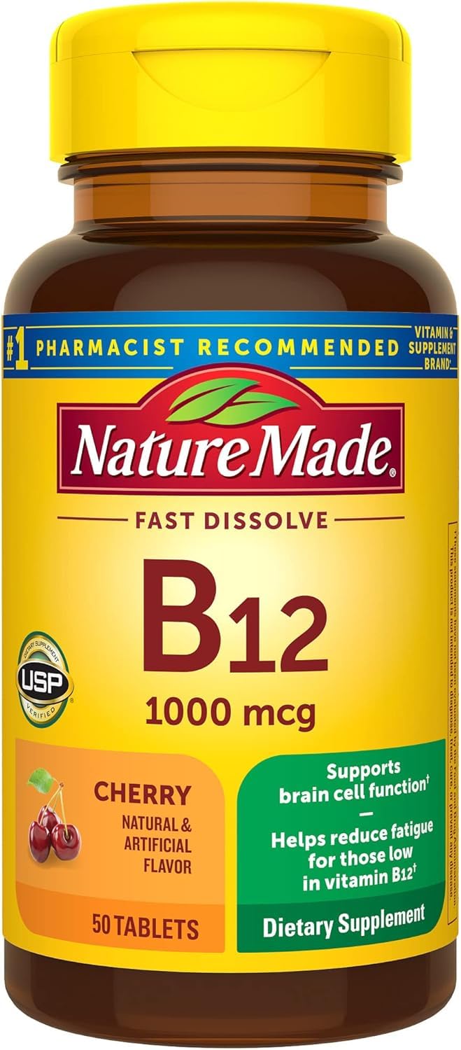 Nature Made B-12 sublingual lozenge bottle shows a 3-pack for daily energy support.