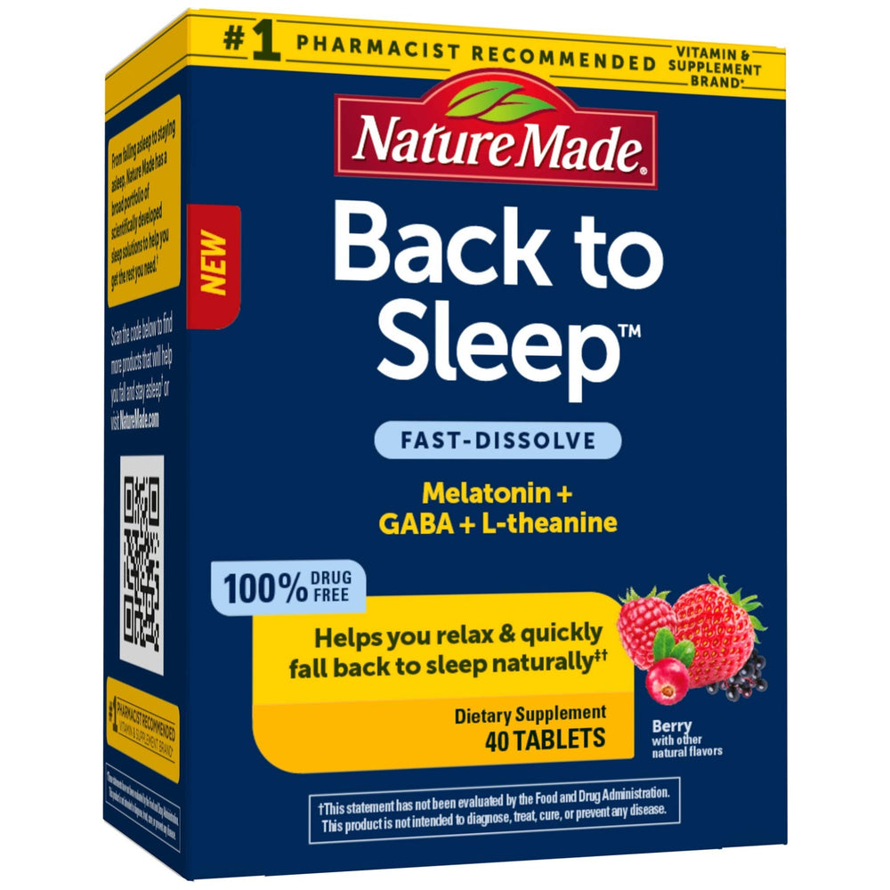 Nature Made Back to Sleep melatonin tablet on a nightstand for a relaxed, natural wind-down