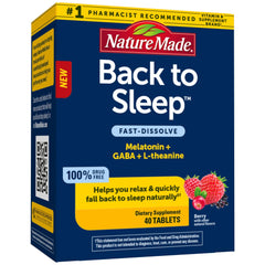 Nature Made Back to Sleep melatonin tablet on a nightstand for a relaxed, natural wind-down