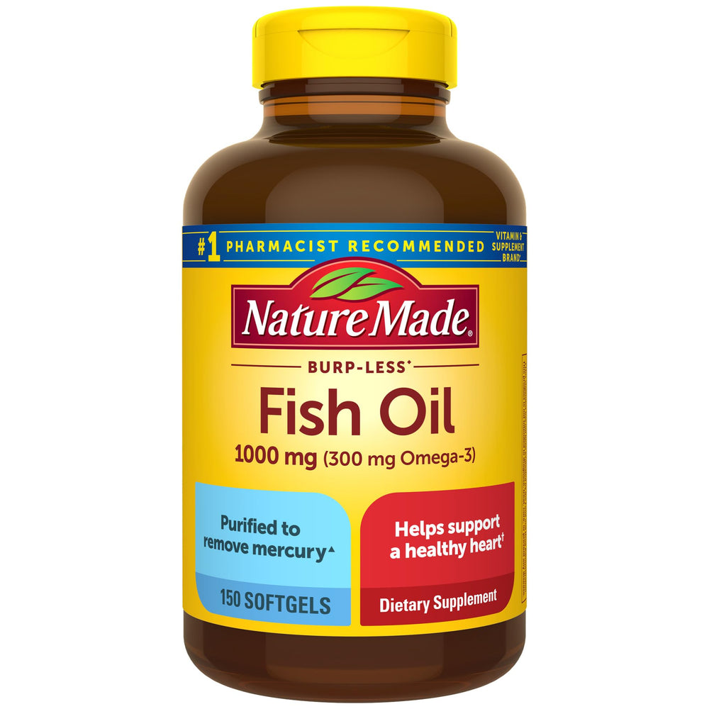 Nature Made Burp Less Fish Oil bottle with softgels for omega-3 intake.