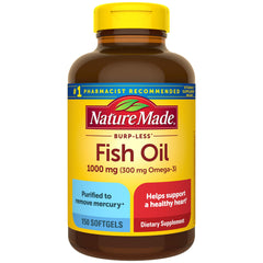 Nature Made Burp Less Fish Oil bottle with softgels for omega-3 intake.