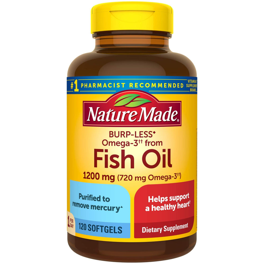 Nature Made Burp-Less Fish Oil bottle closeup highlighting 1200 mg omega-3 support.