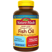 Nature Made Burp-Less Fish Oil bottle closeup highlighting 1200 mg omega-3 support.