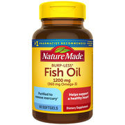 Nature Made Burp-Less Fish Oil bottle shows 1200 mg omega-3 per serving.