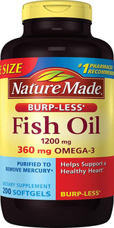 Nature Made Burp-Less Fish Oil 1200 mg softgels in bottle for daily omega-3.