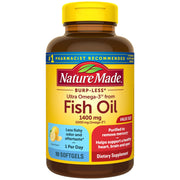 Nature Made Burp Less Ultra Omega-3 softgels bottle for daily heart, brain, and eye support.