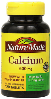 Nature Made Calcium 600 mg with Vitamin D3 bottle front showing bone health support.