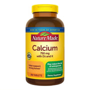 Nature Made Calcium 750 mg tablet front view highlighting D3 and K for bone support.