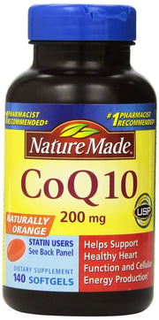 Nature Made CoQ10 200 mg softgel bottle on kitchen counter for daily energy support.