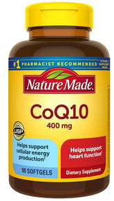 Nature Made CoQ10 softgels bottle view for heart health and energy support.
