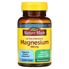 Nature Made Extra Strength Magnesium 400 mg softgels bottle highlighting daily muscle support.