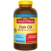 Nature Made Fish Oil bottle label, omega-3 supplement for daily heart-support routine.