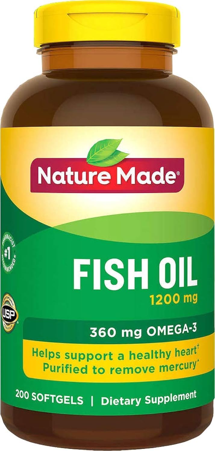 Nature Made Fish Oil 1200 mg bottle front view highlights omega-3 content.