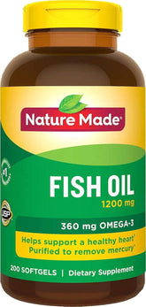 Nature Made Fish Oil 1200 mg bottle front view highlights omega-3 content.