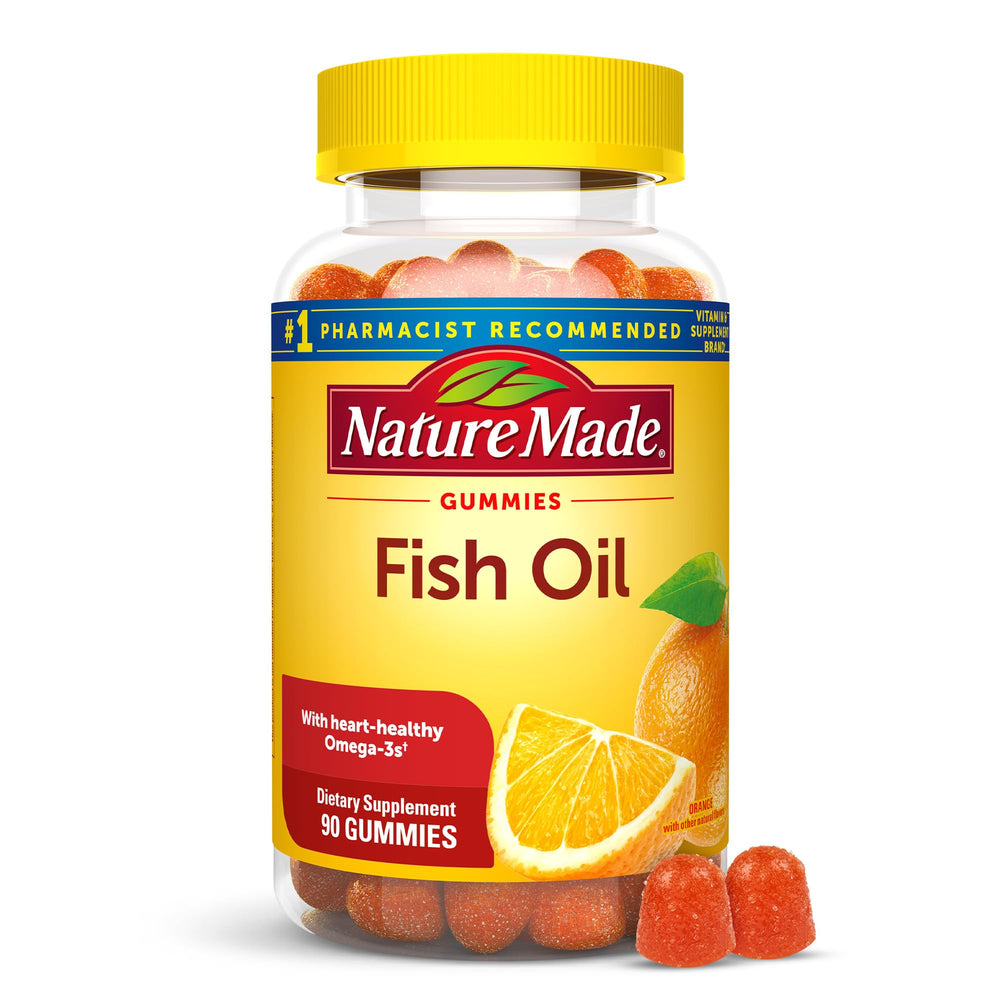 Nature Made Fish Oil Gummies bottle with orange flavor supports heart health.