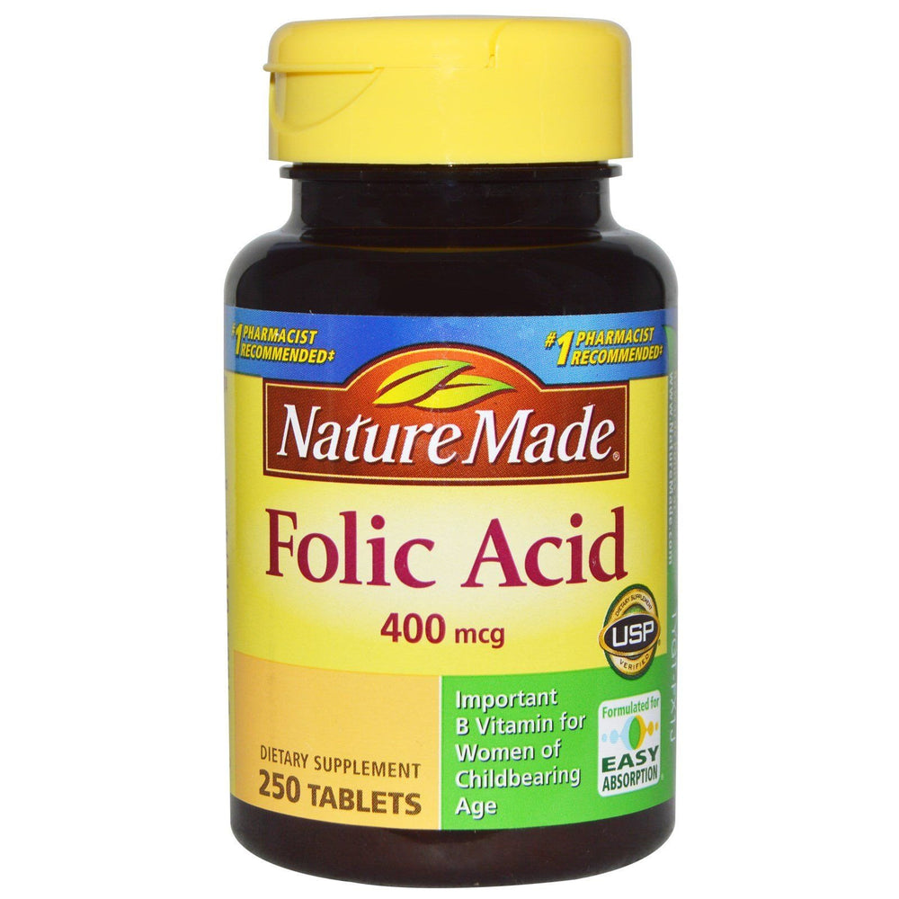Nature Made Folic Acid bottle with tablets supports nervous system function