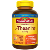Botella Nature Made L-Theanine 200mg, 50 tabletas para uso diario.