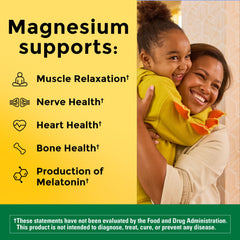 Close-up of Nature Made label showing gluten-free magnesium supplement for heart health.