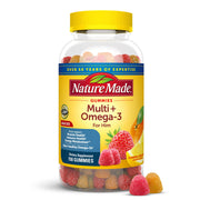 Nature Made Men's Multivitamin Gummies with omega-3 bottle close-up for daily nutritional support.