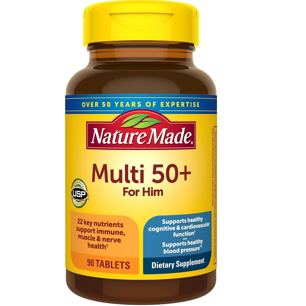 Nature Made Multi for Him 50+ bottle front view; no iron formula for daily wellness.