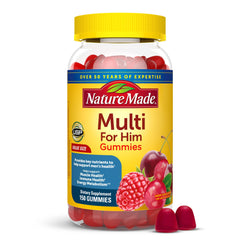 Nature Made Multi for Him gummy bottle closeup signals easy daily nutrition for men