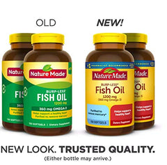 Nature Made omega-3 softgels close-up highlighting burp-free formula