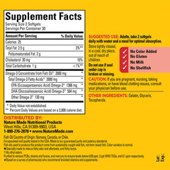 Nature Made Omega-3 softgels close-up, two daily for heart health.