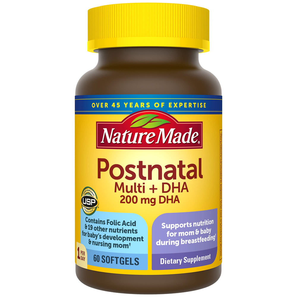 Nature Made Postnatal Multivitamin + DHA bottle front showing 60 softgels for moms