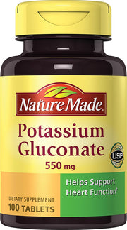 Nature Made Potassium Gluconate 550 mg bottle front highlighting heart support potential.
