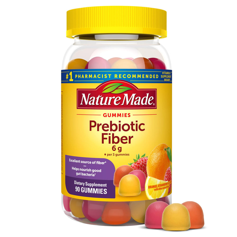 Nature Made Prebiotic Fiber Gummies bottle displaying 90 gummies for daily digestive support