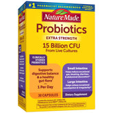 Nature Made Probiotics extra strength bottle on shelf supports daily digestive balance.