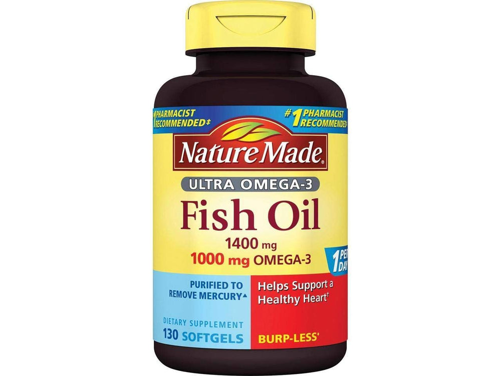 Nature Made Ultra Omega-3 Burpless Softgels bottle, 130-count, for convenient omega-3 intake