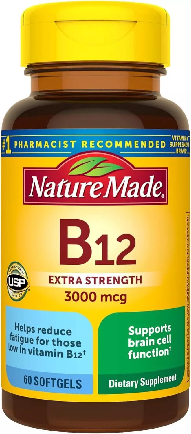 Nature Made Vitamin B-12 Softgels bottle front; 3000 mcg, energy support