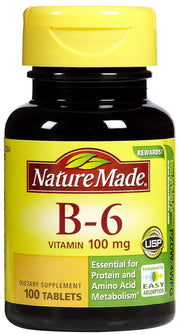 Nature Made Vitamin B6 100 mg tablets in bottle supporting cellular energy production.