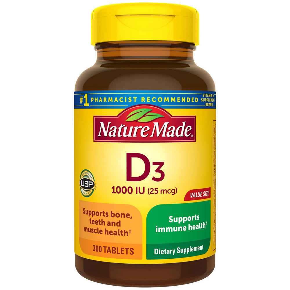 Nature Made Vitamin D3 1000 IU bottle with label highlighting immune and bone support