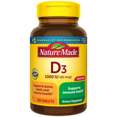Nature Made Vitamin D3 1000 IU bottle with label highlighting immune and bone support