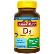 Nature Made Vitamin D3 2000 IU softgels bottle for bone and immune health.
