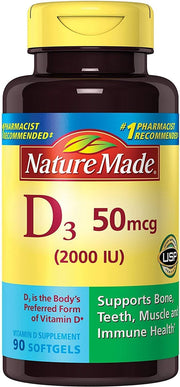 Nature Made Vitamin D3 2000 IU softgels bottle front for daily calcium absorption support
