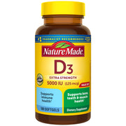 Nature Made Vitamin D3 5000 IU softgels bottle front supports daily immune and bone health.